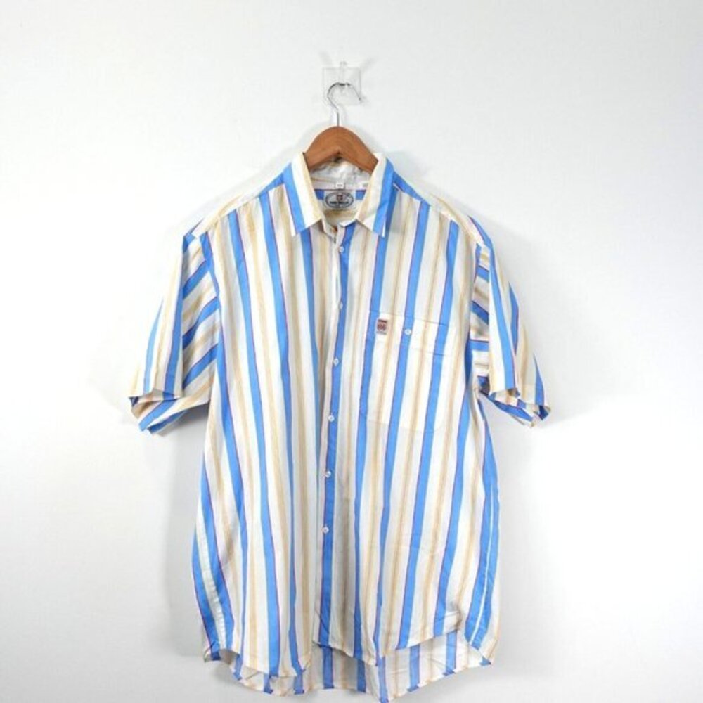 VINTAGE Tom Tailor Shirt Mens Large Blue Striped Cotton Casual Classic Camp‎ MOD